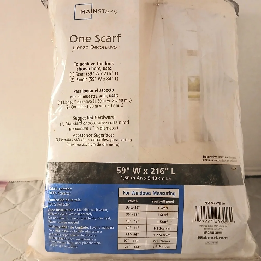 New Mainstays White Sheer Two Packs Scarf Curtain 59